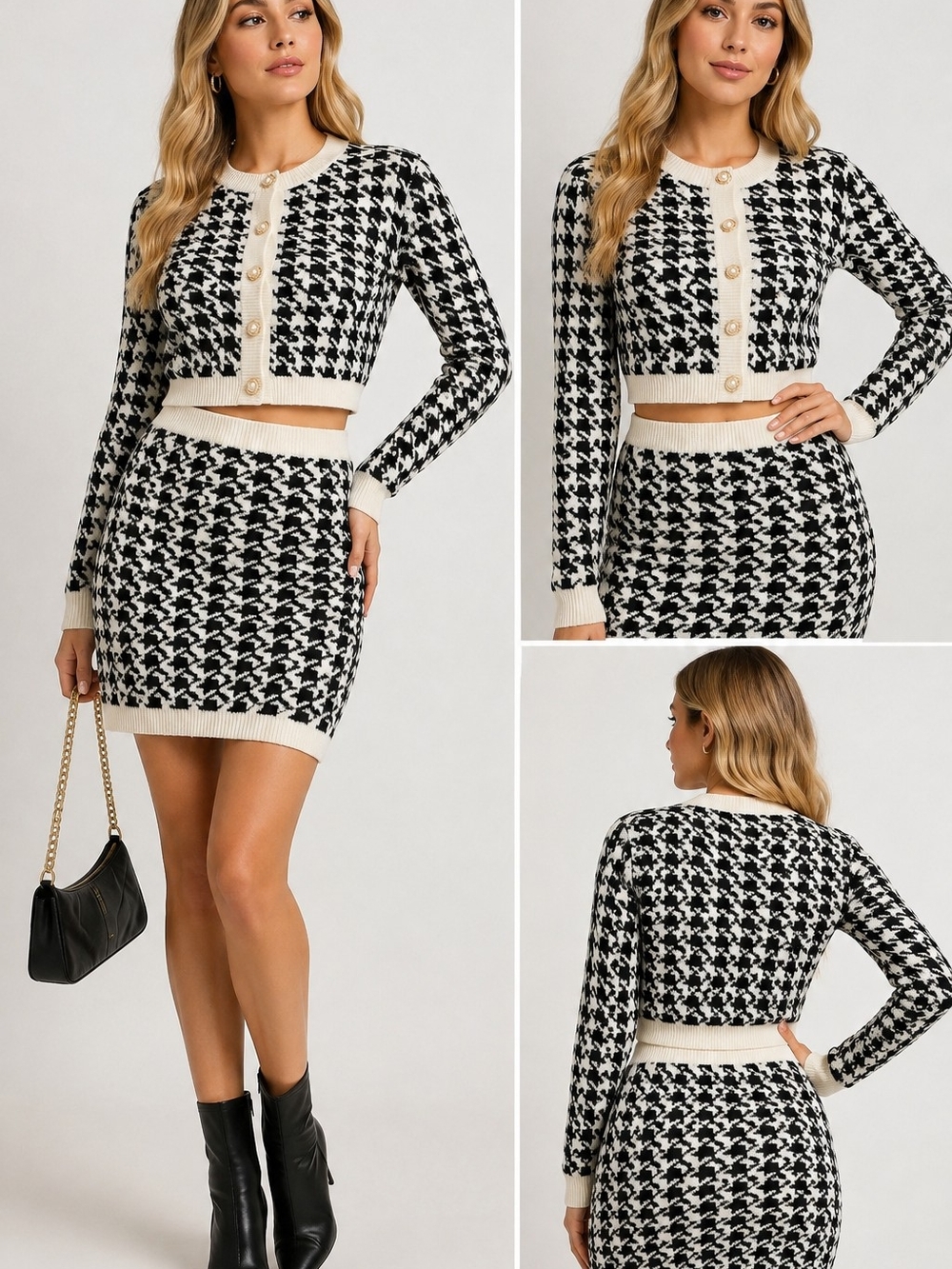 William Rast Houndstooth Knit Cardigan Skirt Set XS Pearl Gold Buttons